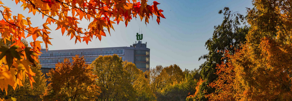 Maths Tower autumn_02 The Math tower with TU logo in fall.